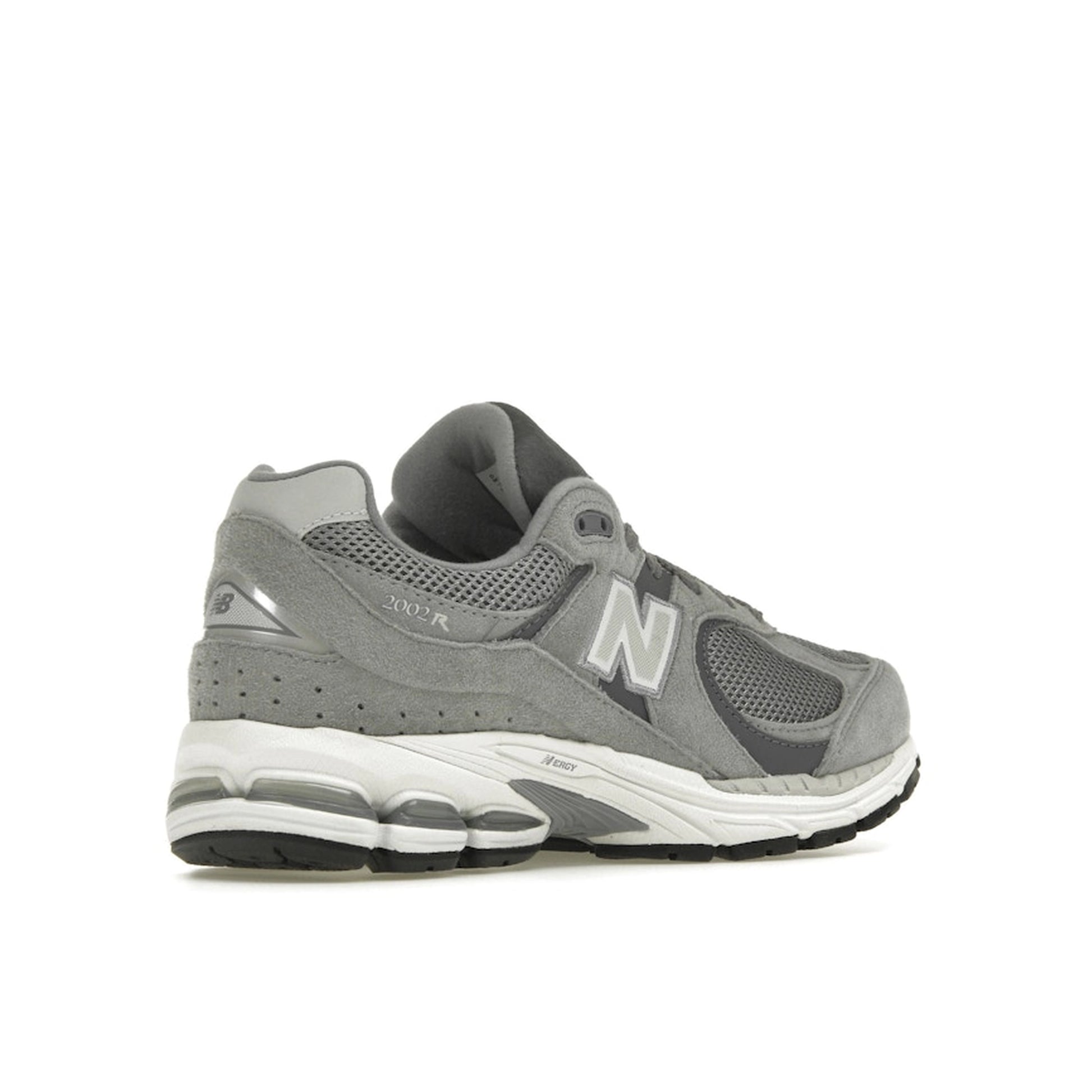 New Balance 2002R Steel Grey Orca, back view, in layered mesh and suede in grey and black.