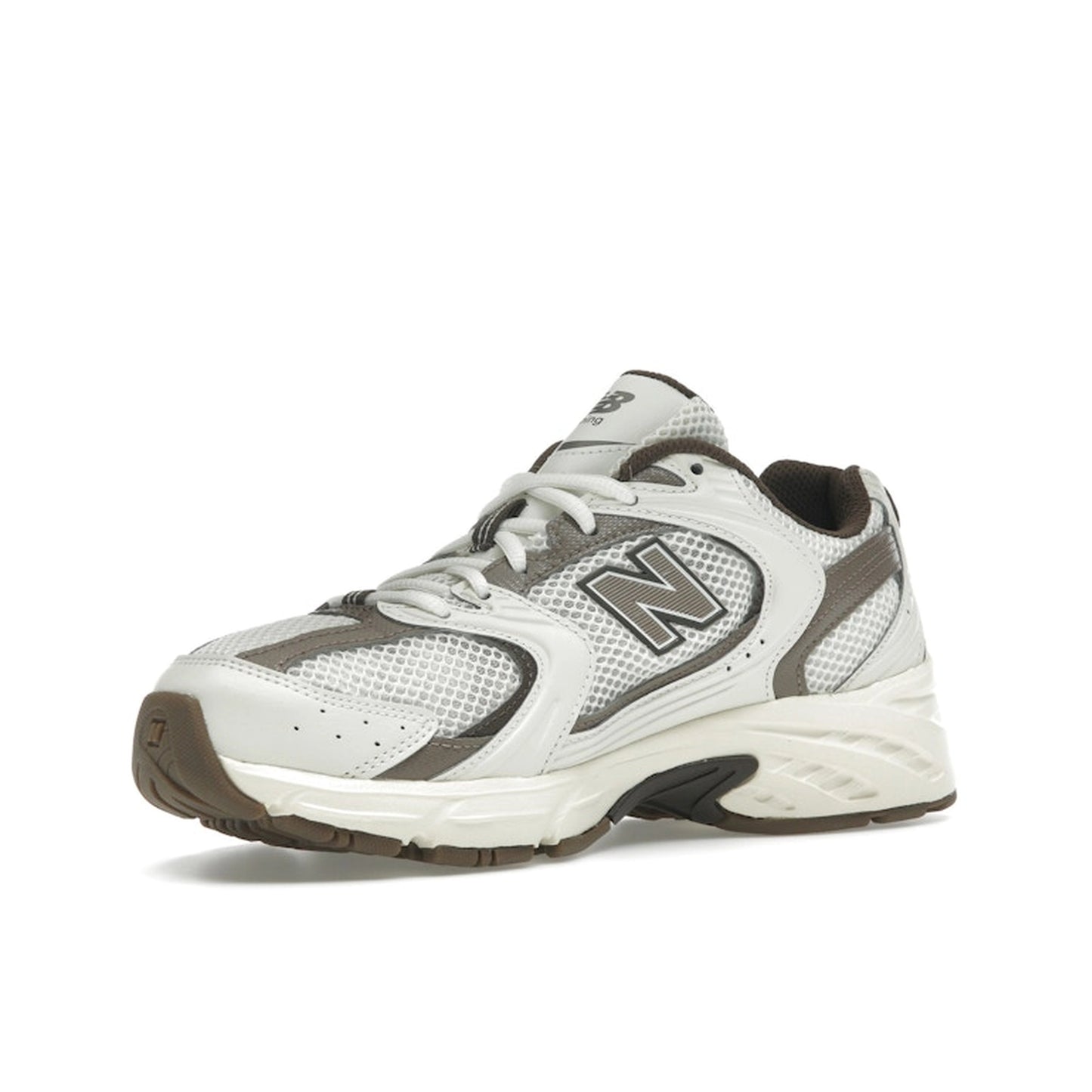 New Balance 530 Turtledove Mushroom, front view, in earthy beige and grey with retro runner profile.