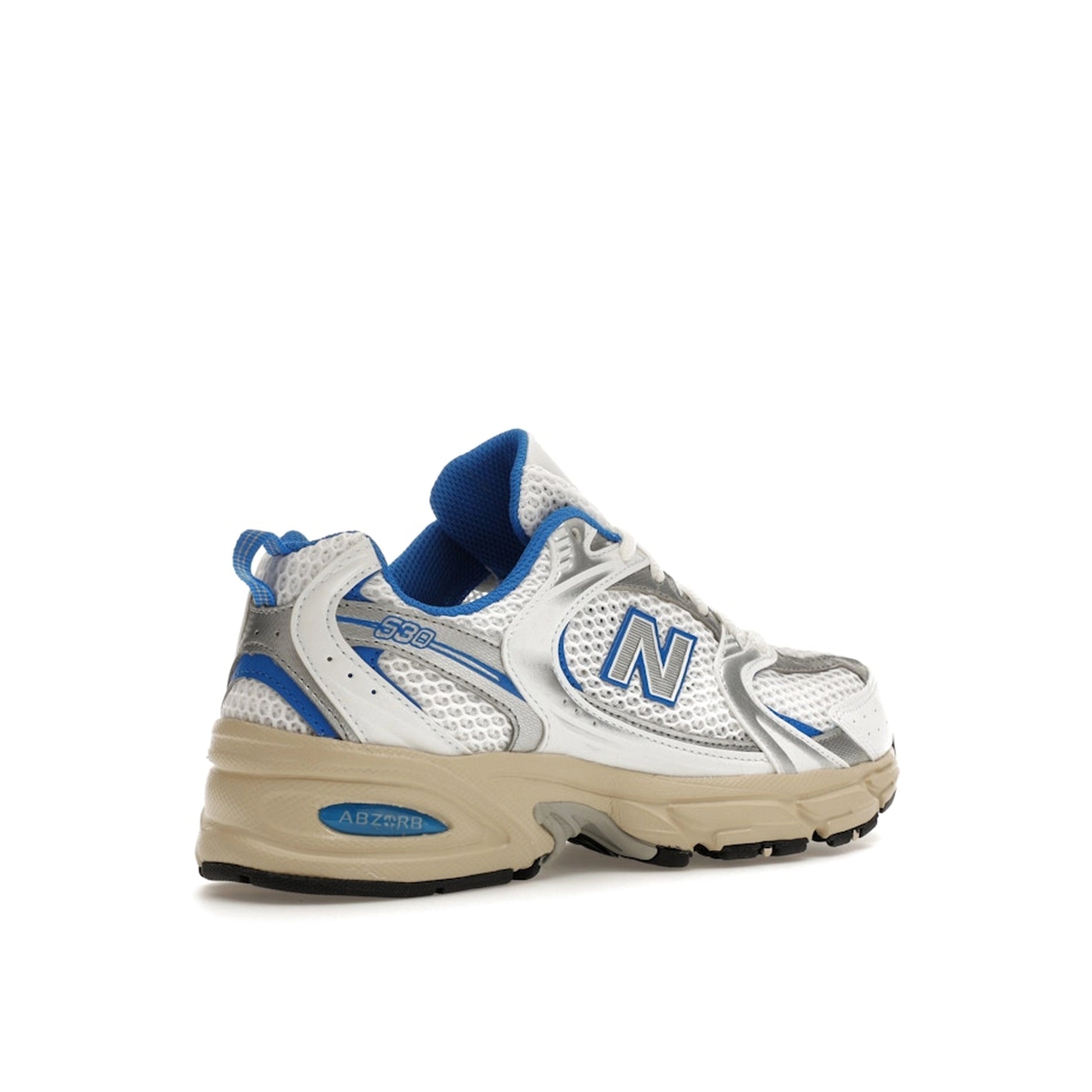 New Balance 530 White Blue Oasis, back view, in white mesh with blue and silver details.