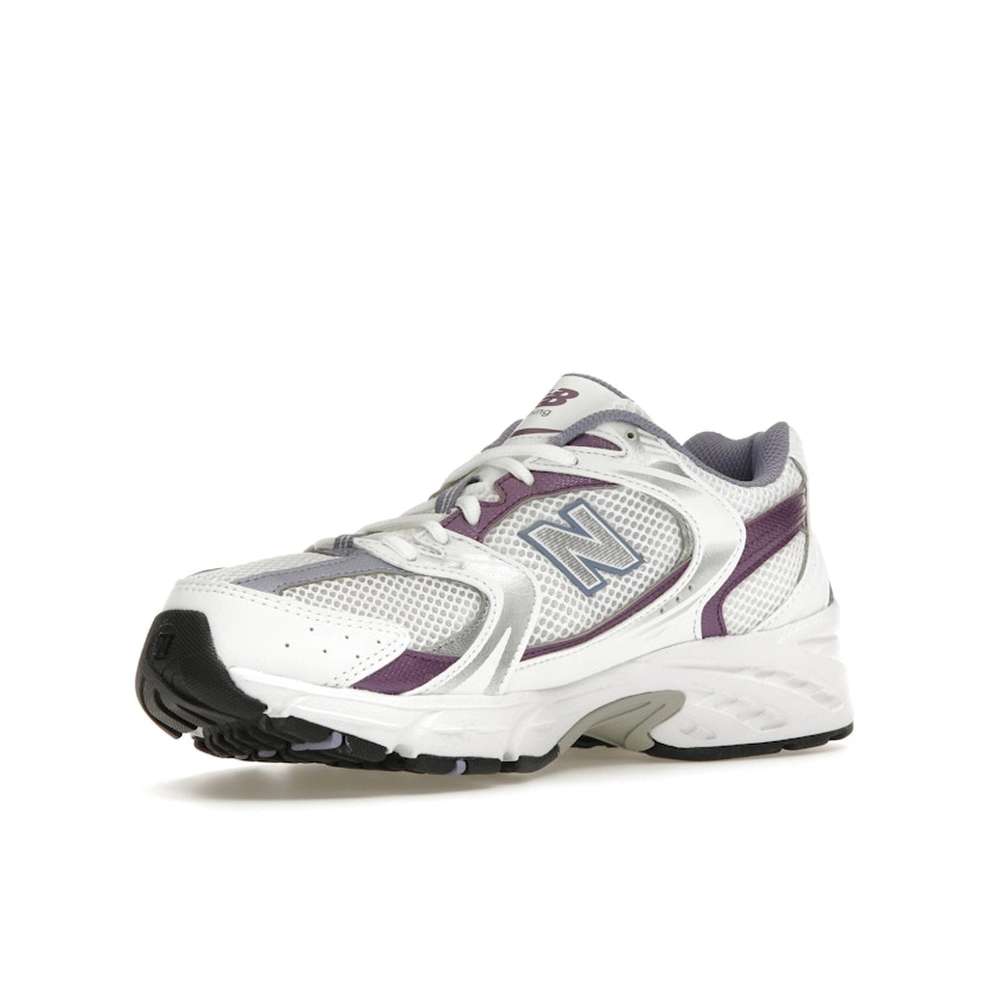 New Balance 530 sneakers, front view, in white mesh with violet accents and silver overlays.