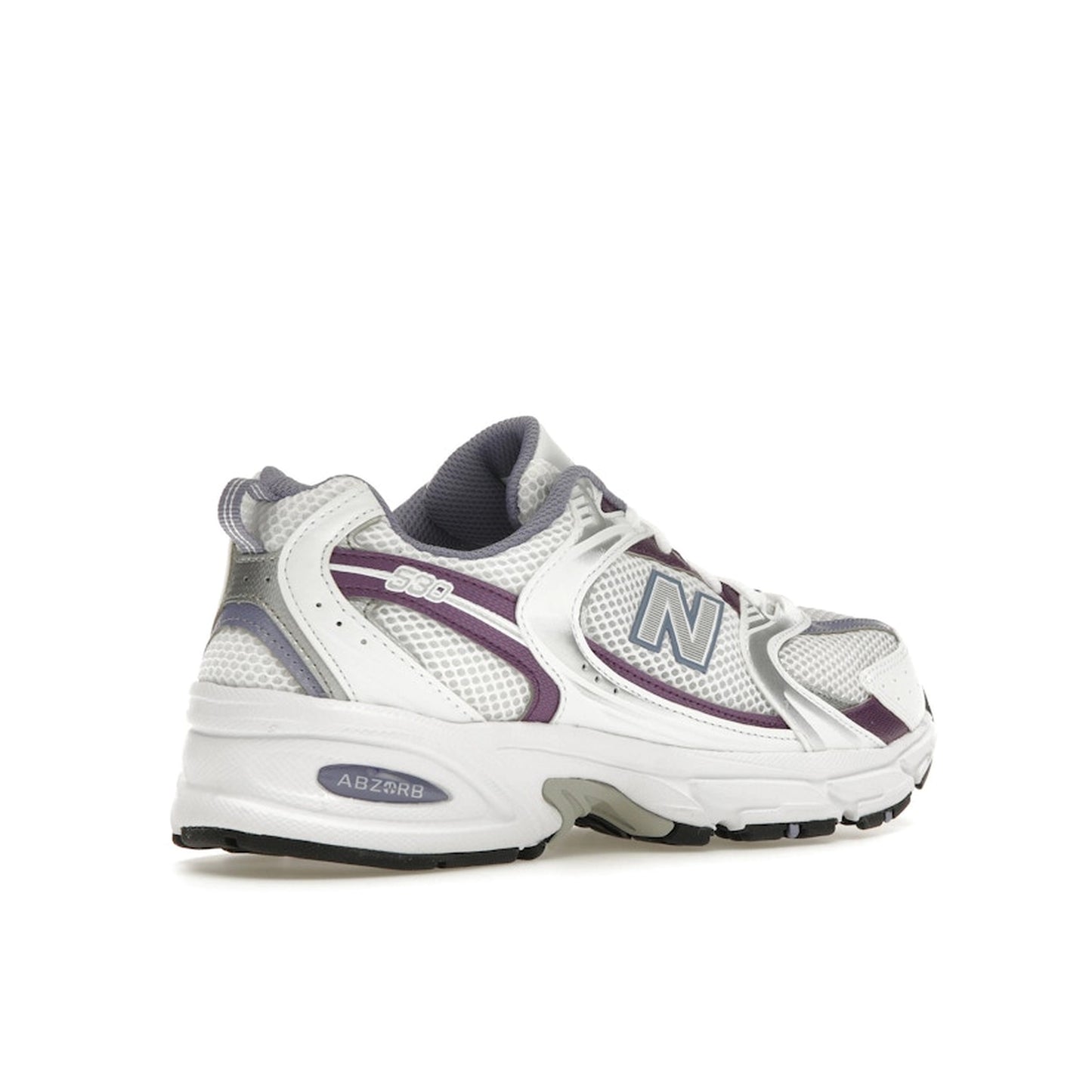 New Balance 530 sneakers, back view, in white mesh with violet accents and silver overlays.