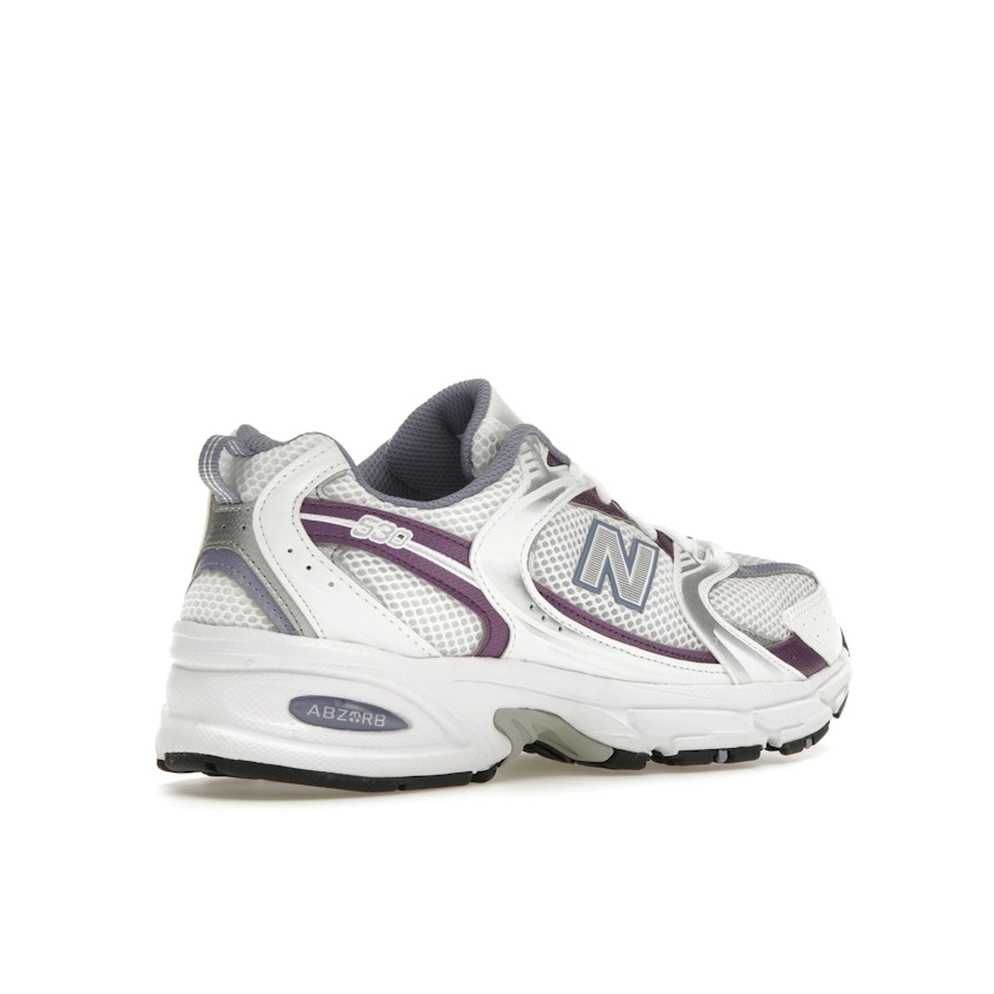 New Balance 530 sneakers, back view, in white mesh with violet accents and silver overlays.