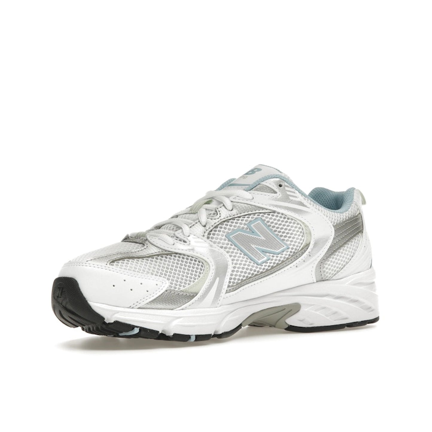 New Balance 530 sneakers, front view, in chrome blue with silver and white accents.