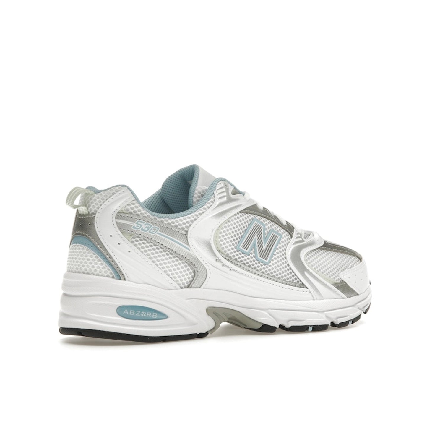 New Balance 530 sneakers, back view, in chrome blue with silver and white accents.