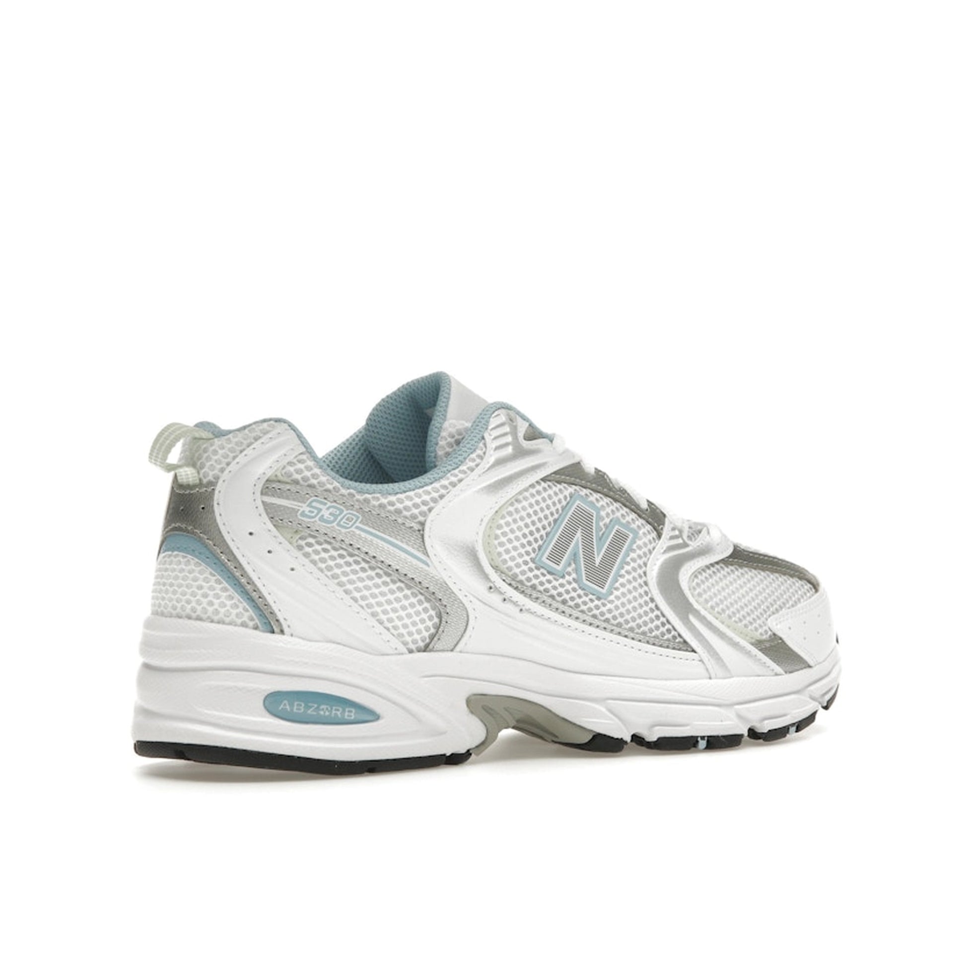 New Balance 530 sneakers, back view, in chrome blue with silver and white accents.