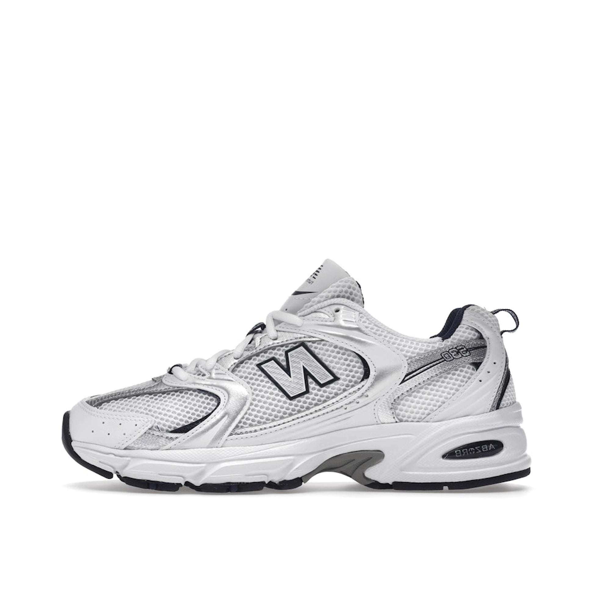 New Balance 530 sneakers, side view, model MR530SG, in white with silver and navy accents.