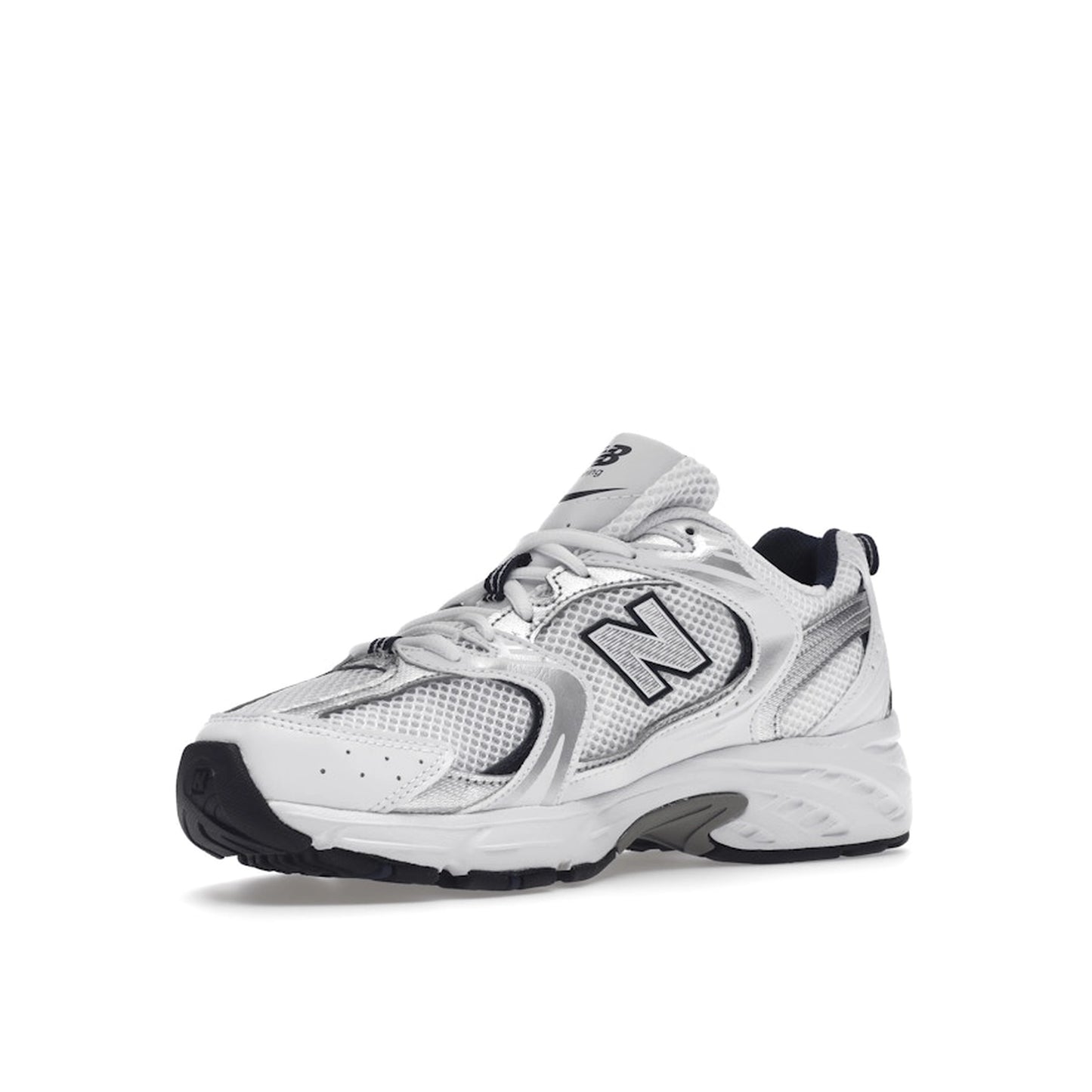 New Balance 530 sneakers, front view, model MR530SG, in white with silver and navy accents.