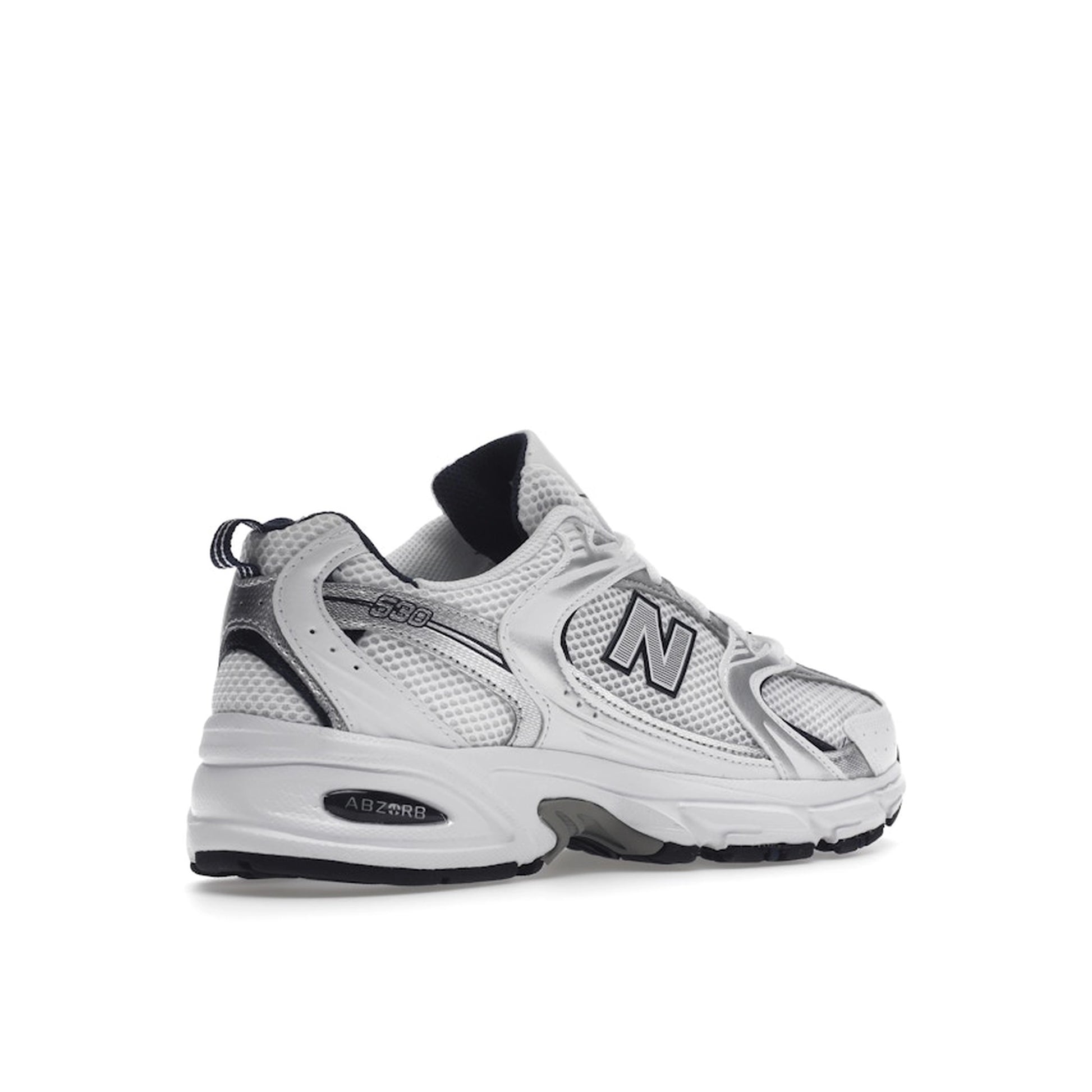 New Balance 530 sneakers, back view, model MR530SG, in white with silver and navy accents.