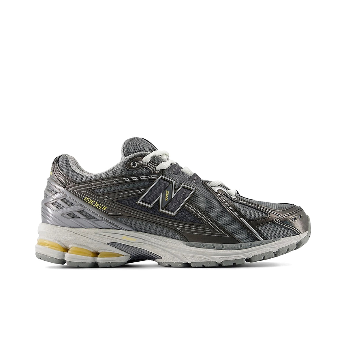 New Balance 1906R sneaker in slate grey, black metallic accents and white peach textile‑leather