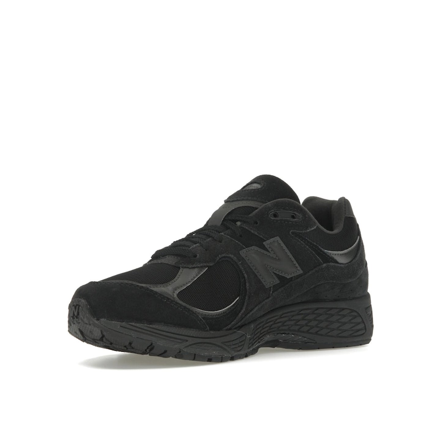 New Balance 2002R sneakers, front view, in triple black suede with tonal sole.
