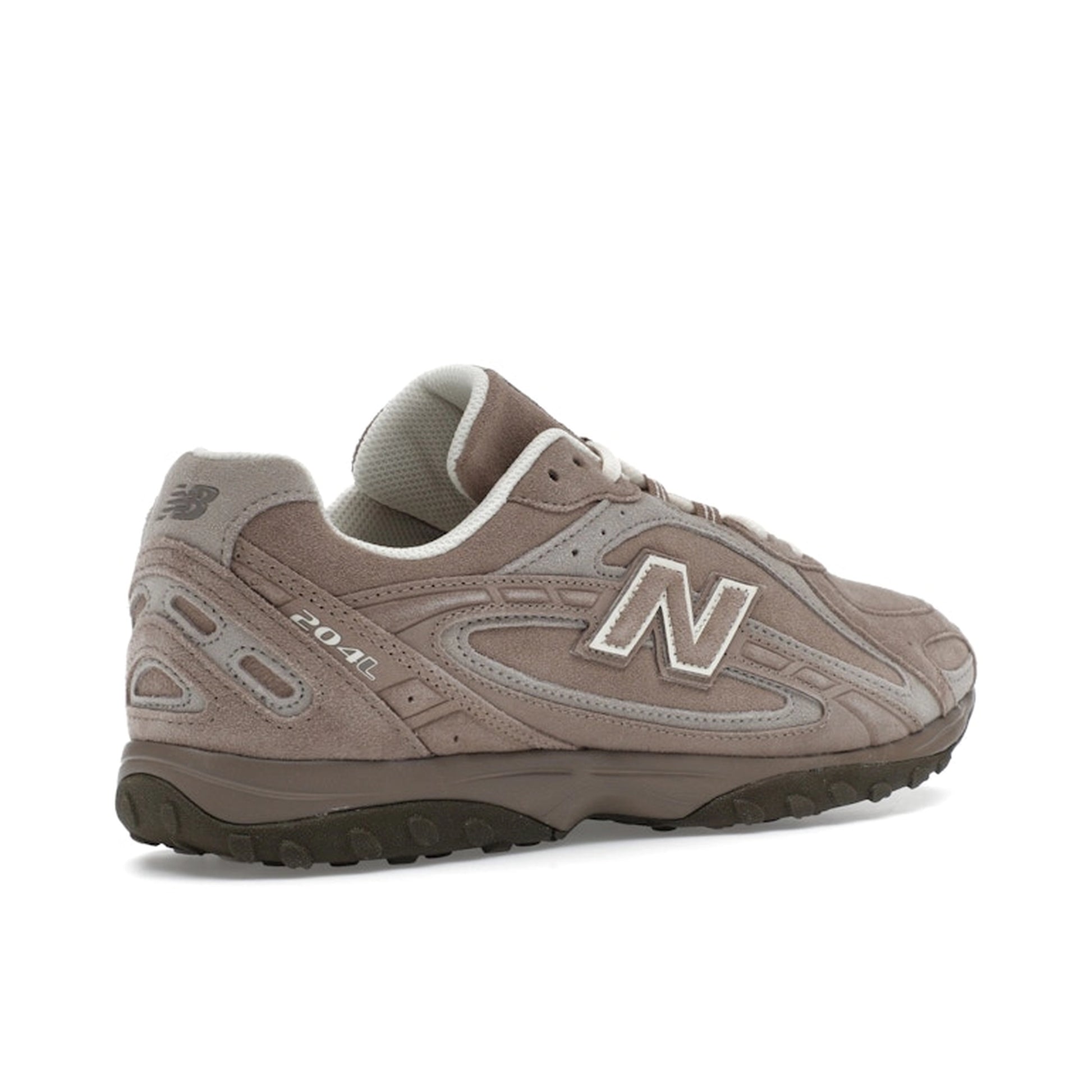 New Balance 204L, back view, in Mushroom and Arid Stone with tonal suede overlays.