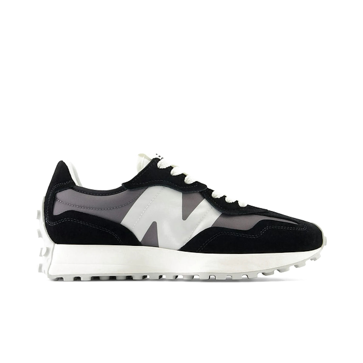 New Balance 327 men’s sneaker in black, pink and grey mesh and suede