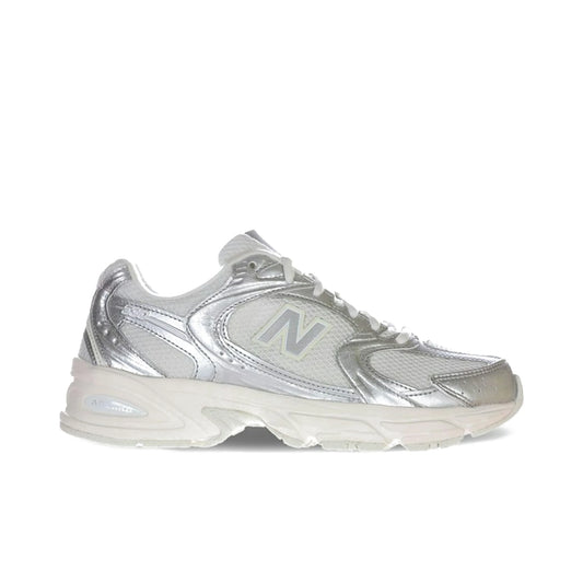 New Balance 530 sneaker in silver metallic reflection mesh and suede