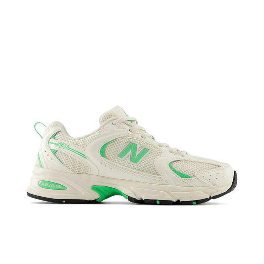 New Balance 530 sneakers in sea salt and lime leaf with mesh and leather accents