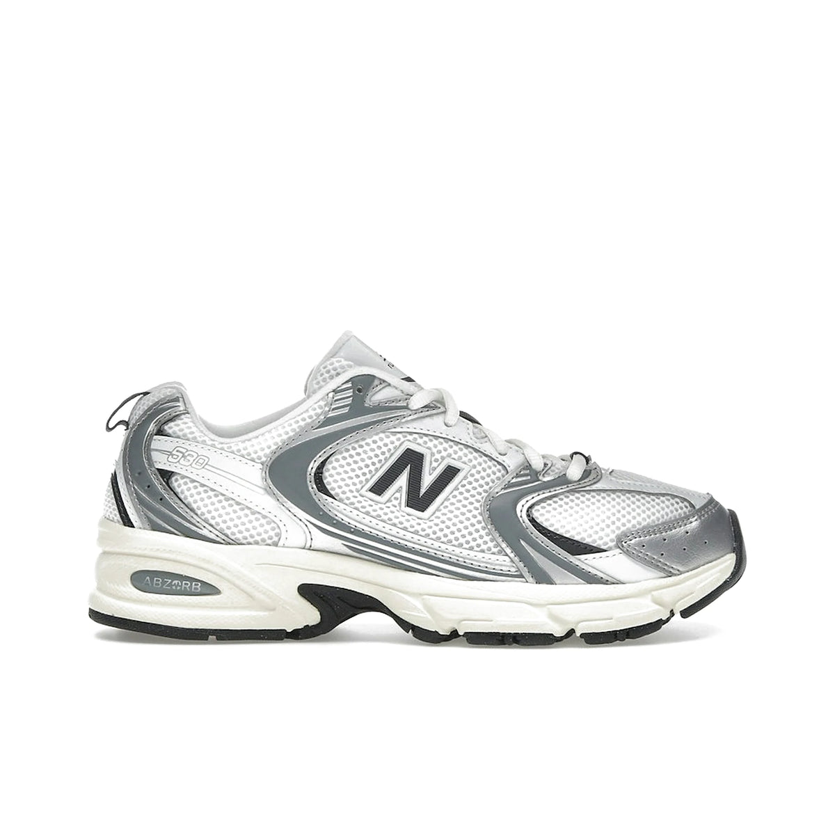 New Balance 530 in silver metallic grey and black, textile construction