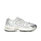 New Balance 530 in silver metallic and linen, textile construction