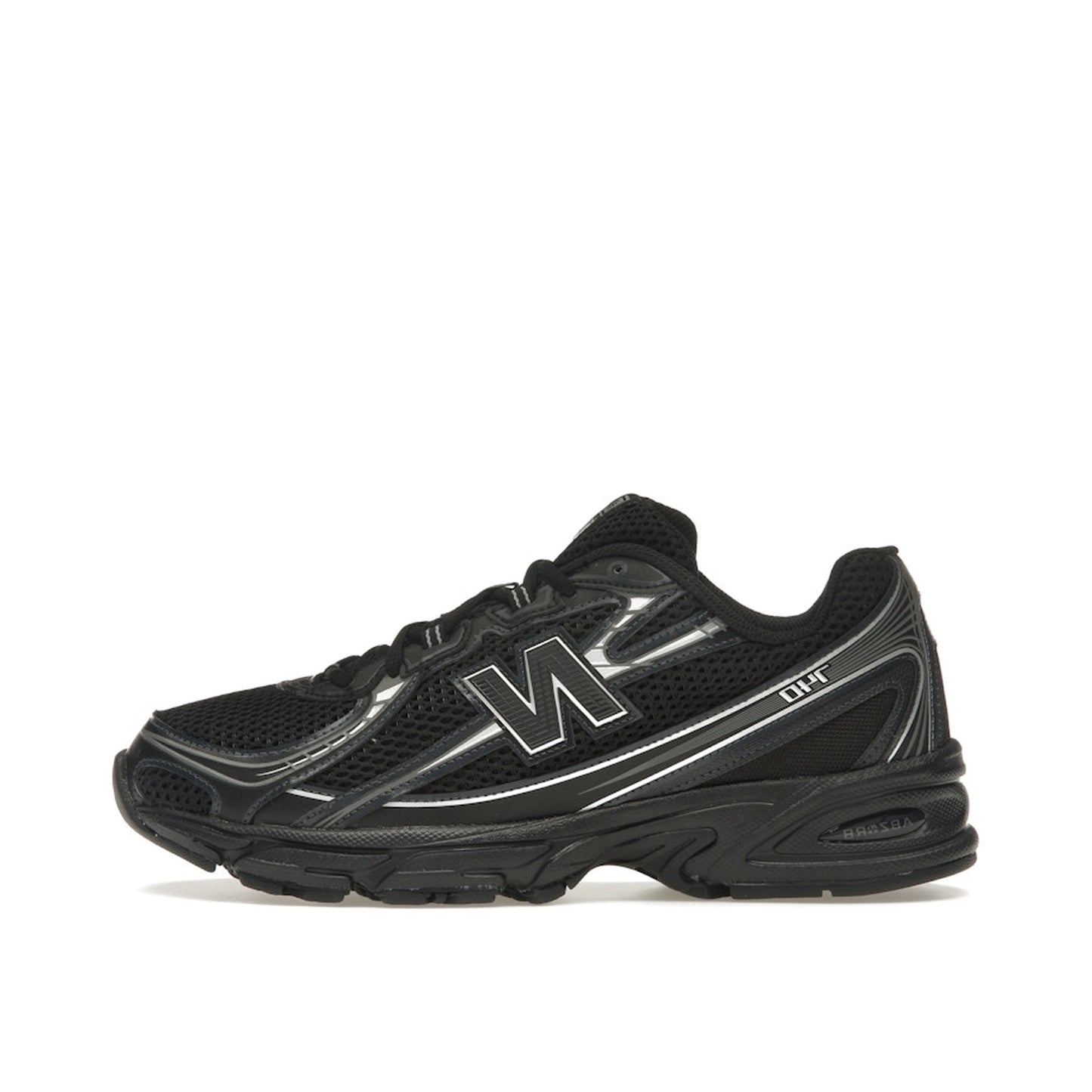 New Balance 740v2, side view, in black with grey details and reflective silver highlights.