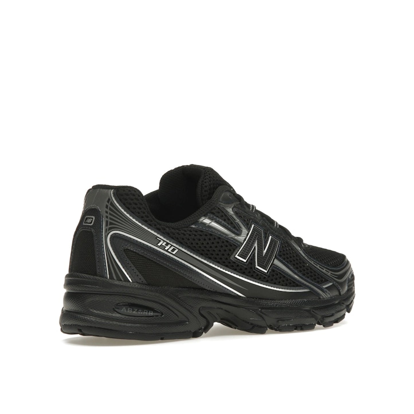 New Balance 740v2, back view, in black with grey details and reflective silver highlights.