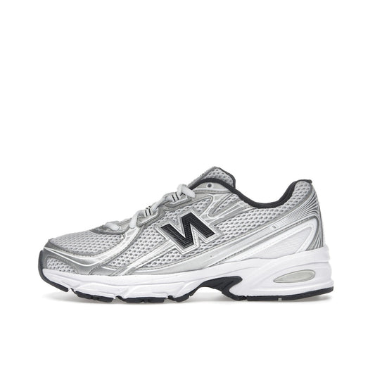 New Balance 740 White Silver, side view, mesh and leather upper with navy accents.