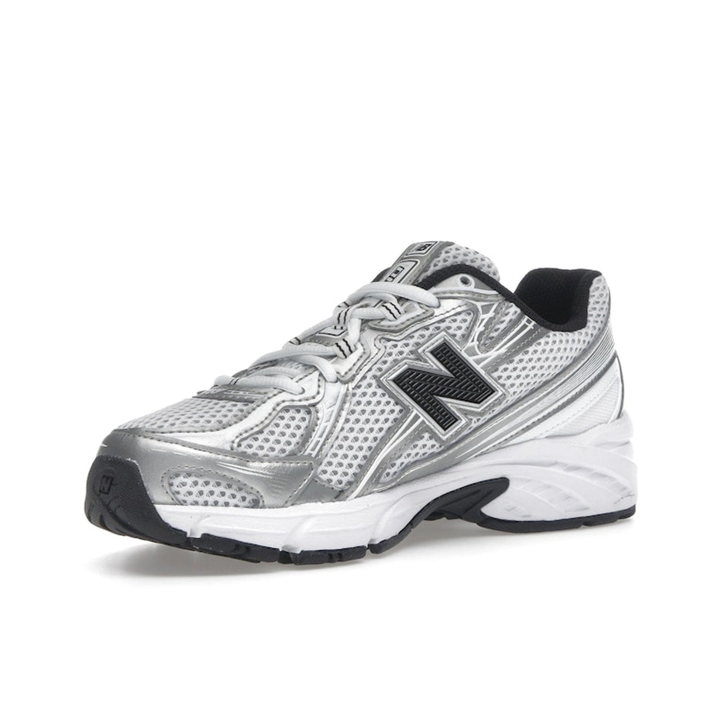 New Balance 740 White Silver, front view, mesh and leather upper with navy accents.