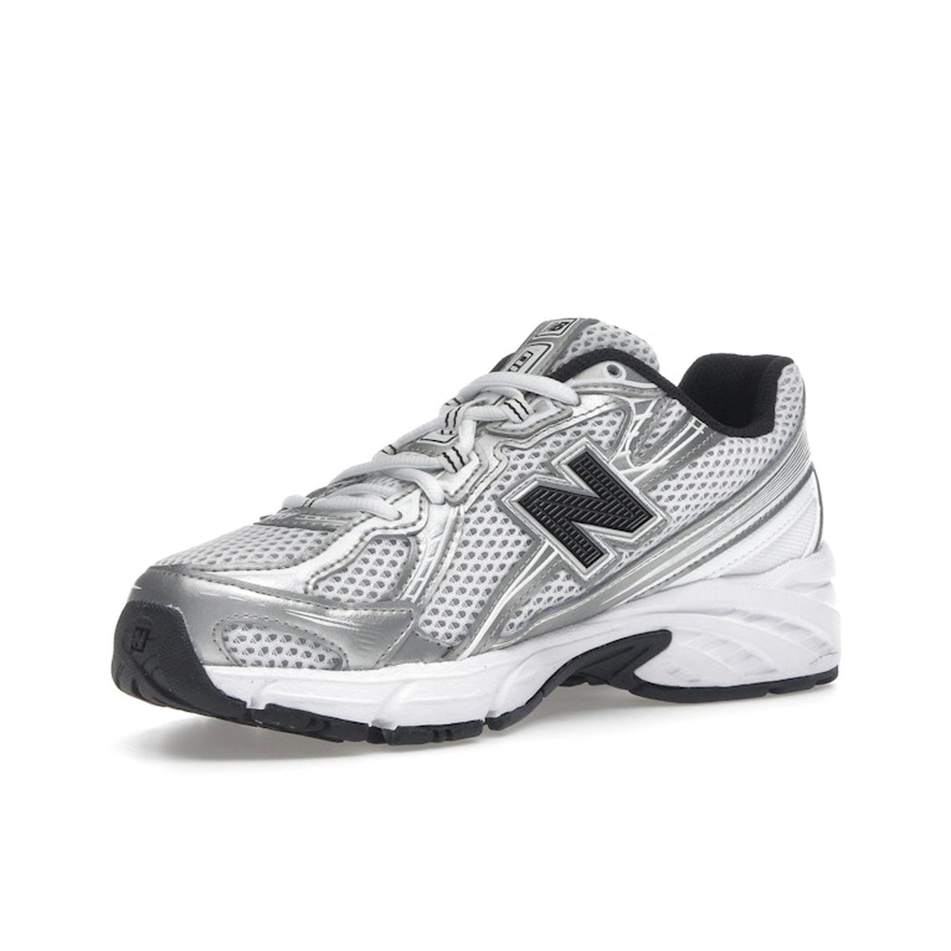 New Balance 740 White Silver, front view, mesh and leather upper with navy accents.
