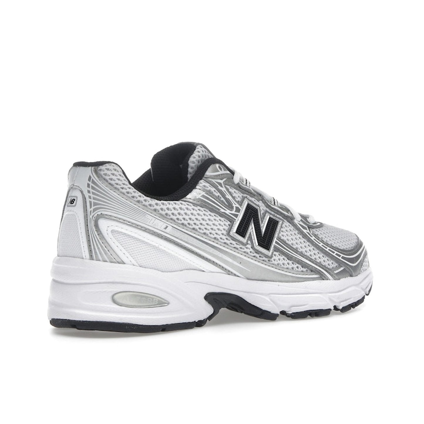 New Balance 740 White Silver, back view, mesh and leather upper with navy accents.