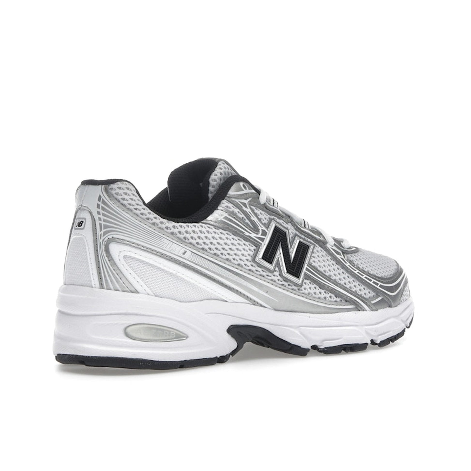 New Balance 740 White Silver, back view, mesh and leather upper with navy accents.