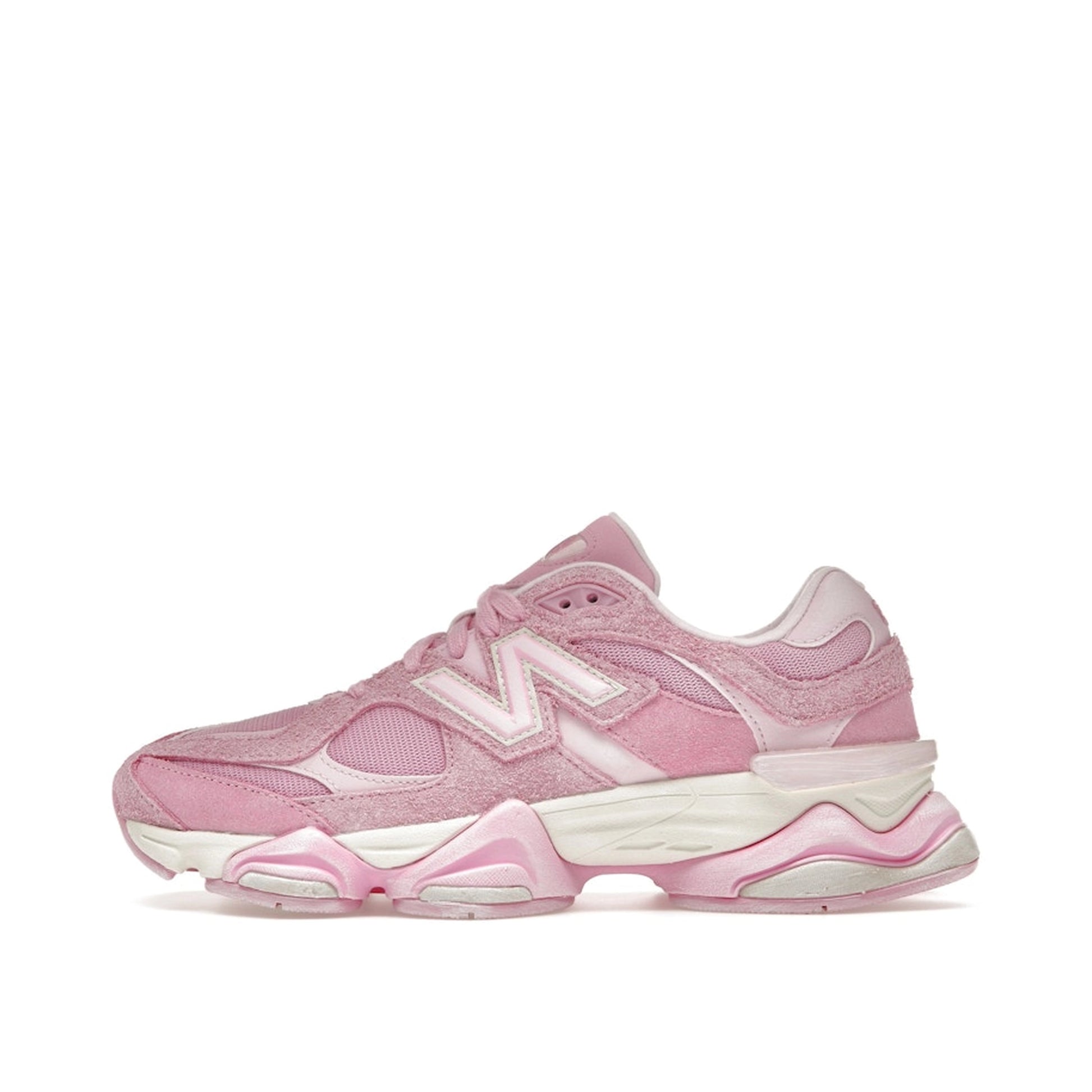 New Balance 9060 ASOS Exclusive, side view, in overdye pink with mesh and suede upper.