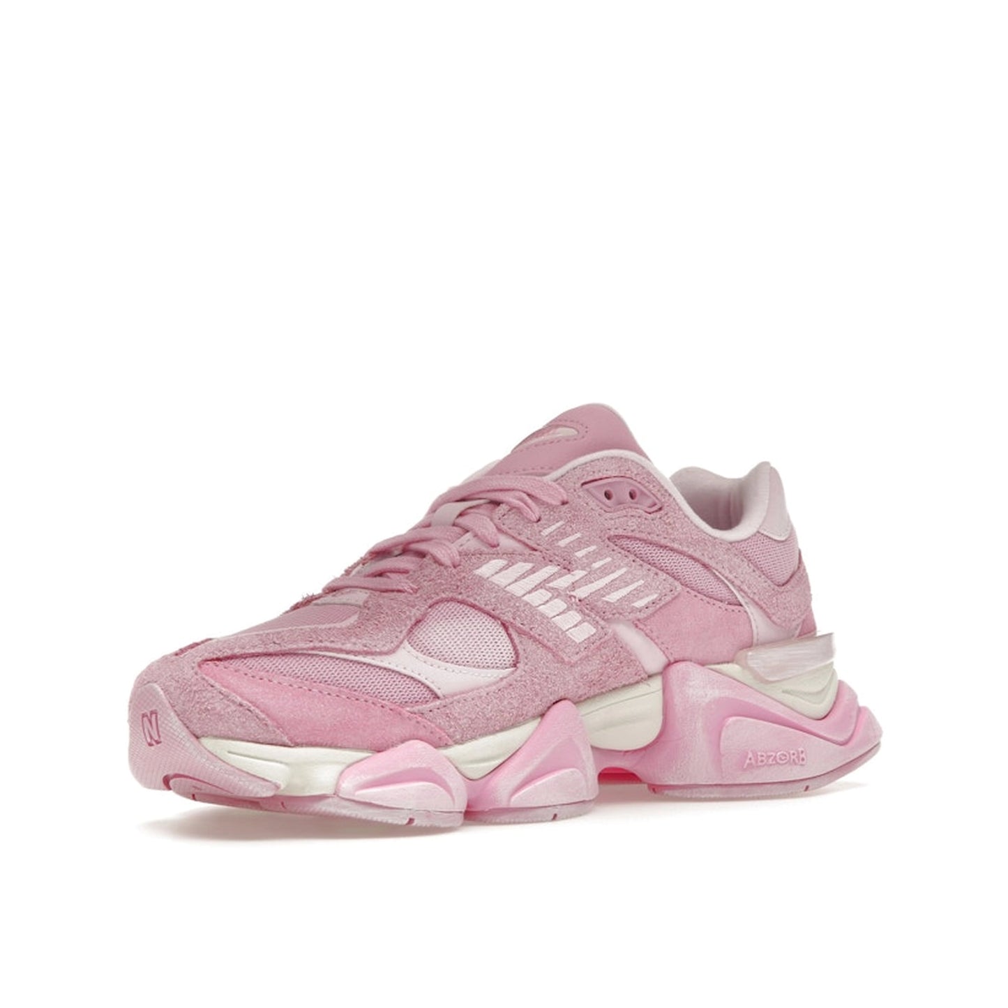 New Balance 9060 ASOS Exclusive, front view, in overdye pink with mesh and suede upper.