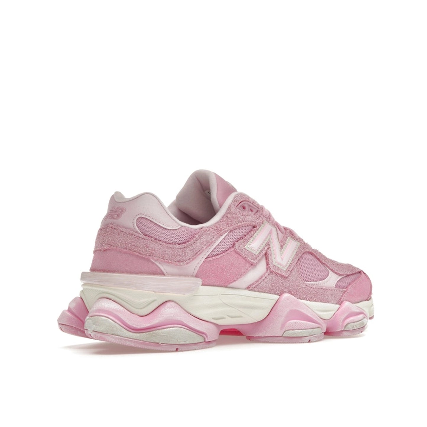 New Balance 9060 ASOS Exclusive, back view, in overdye pink with mesh and suede upper.