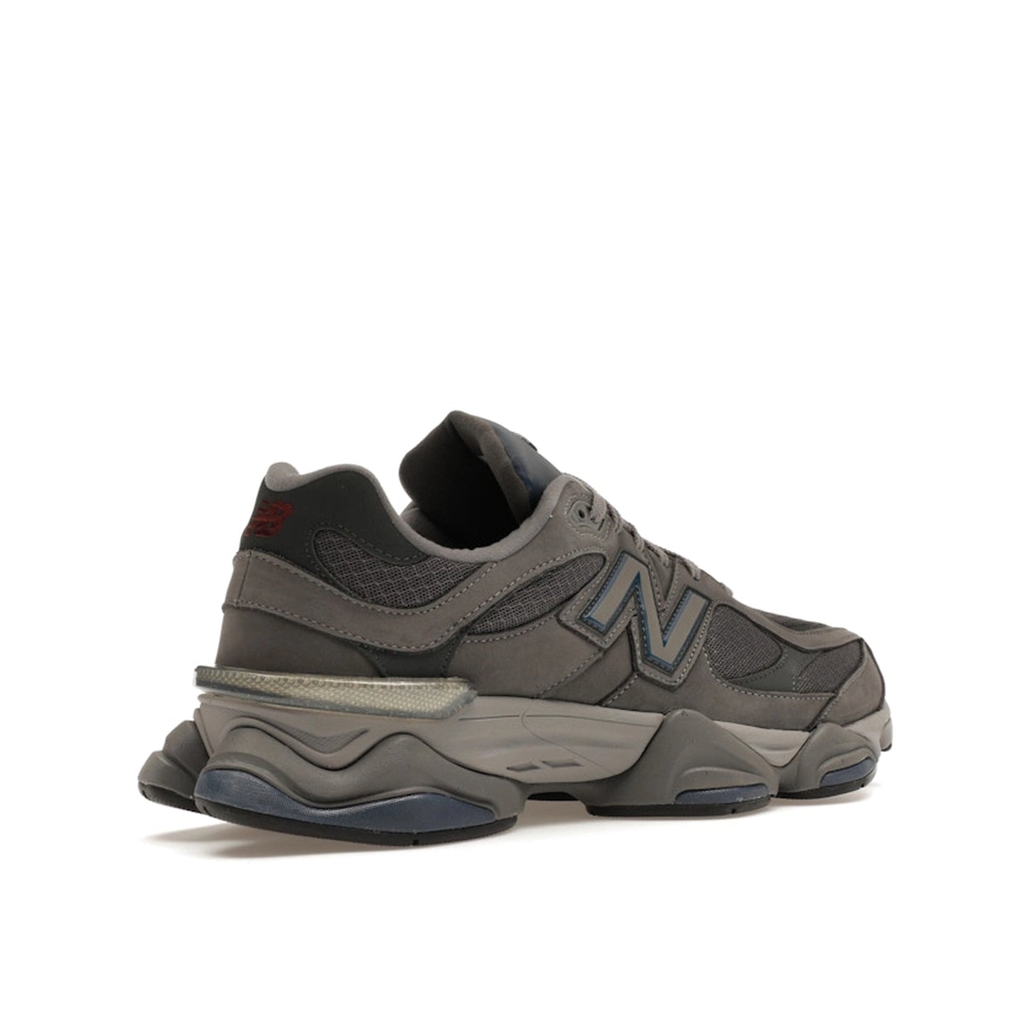 New Balance 9060 sneakers, back view, model U9060ECC in castlerock with grey and white details.