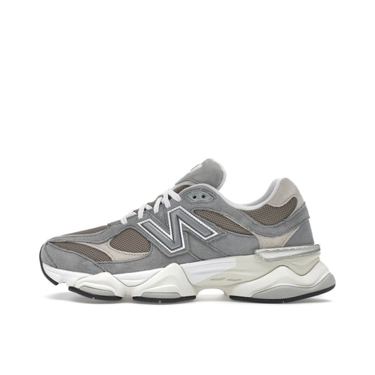 New Balance 9060 Slate Grey Arid Stone, side view, with grey upper and neutral details.