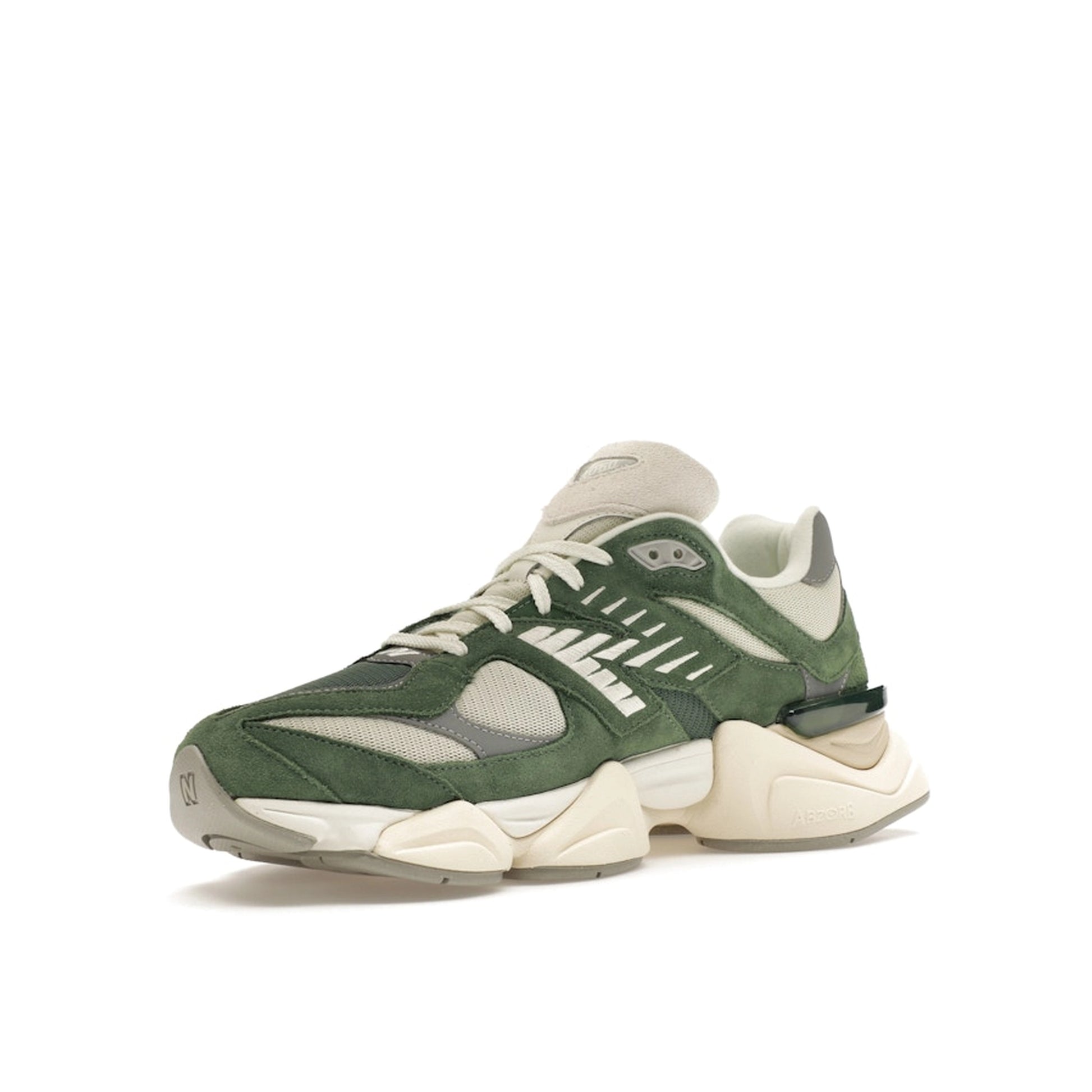 New Balance 9060 Nori, front view, in olive green with a mix of suede and mesh materials.