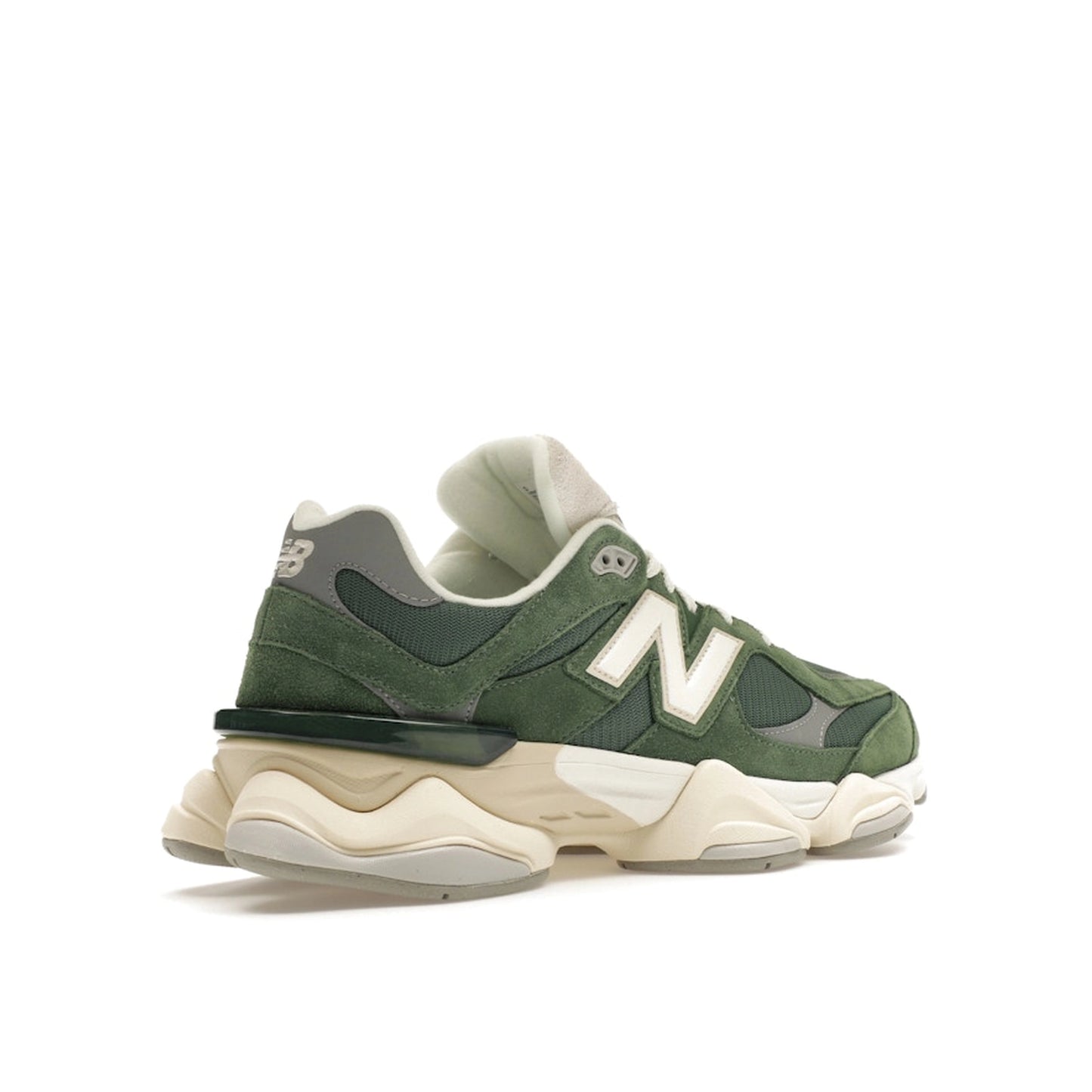 New Balance 9060 Nori, back view, in olive green with a mix of suede and mesh materials.