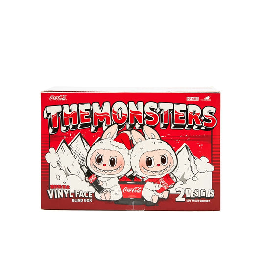 Pop Mart Labubu The Monsters Coca Cola, front view, vinyl face case with 6 unopened blind boxes.