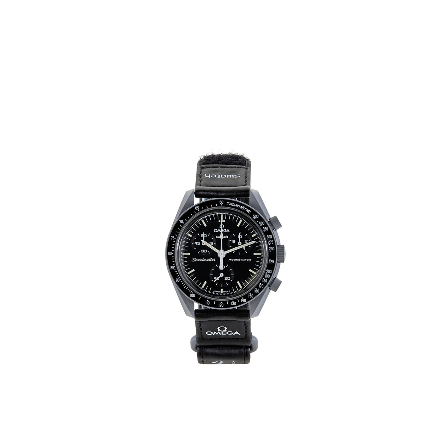 Swatch x Omega Moonswatch Mission to the Moon, front view, in grey bioceramic with black bezel.